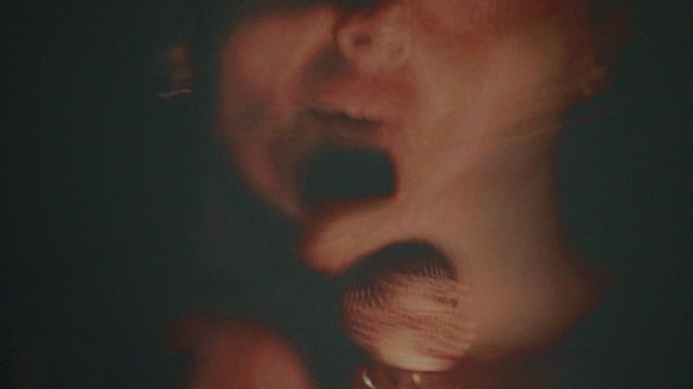 NINA singing live, mouth open, blue-green stage light